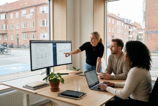 Skandinavisk webteam arbejder ved computere i lundby (4750) med digitale dashboards og naturligt lys