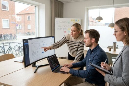 Dansk webteam arbejder ved computere i moderne kontor i Lundby (9260) med fokus på digital udvikling