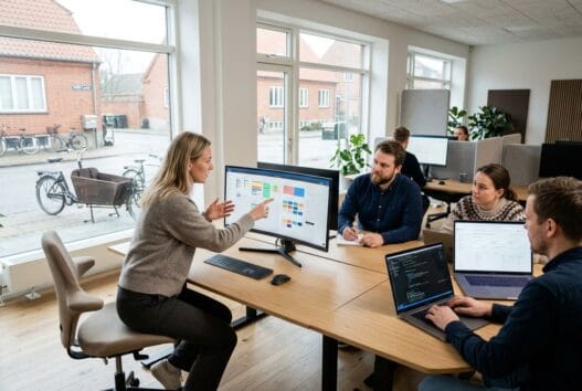 Dansk webbureau i lunde (5450) med team ved computer og digitale dashboards