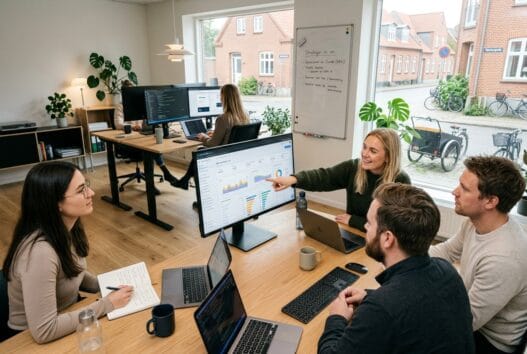 Realistisk kontorscene med danske medarbejdere, der arbejder med webdesign og SEO i lunde (6830)