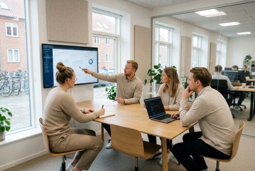 Skandinavisk team arbejder med webdesign og digitale dashboards på kontor i lundeborg