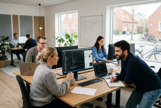 Dansk team arbejder med webdesign og digitale dashboards på kontor i Lustrup