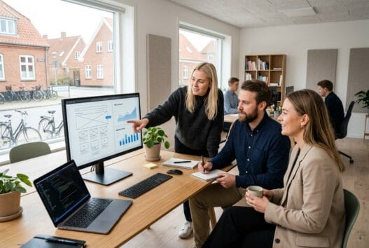 Moderne webbureau i Lyderslev med dansk team foran skærme og dashboards