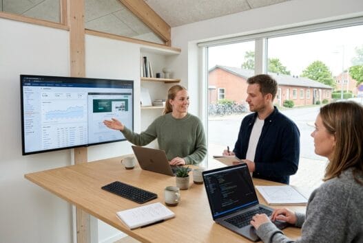 Moderne webbureau i lyne med dansk team ved computere og digitale dashboards
