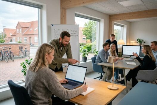 Skandinavisk webbureau i Lyngå med team ved computere og digitale dashboards