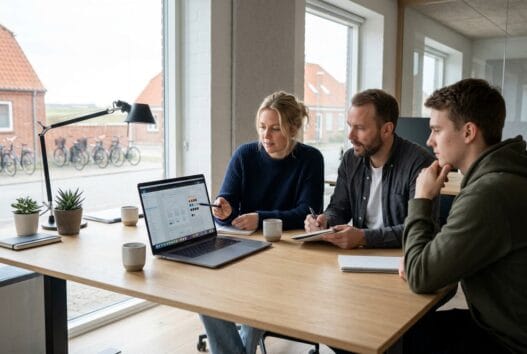 Skandinavisk team arbejder med webdesign og data i moderne kontor i Lyngså