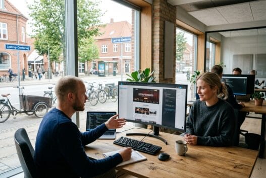 Skandinavisk webteam arbejder med digitale løsninger på moderne kontor i Lystrup