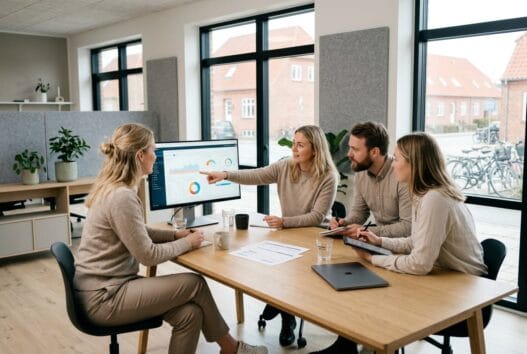 Moderne webbureau i mårsø med dansk team ved computer og digitale dashboards