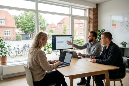 Professionelt webbureau i mårum med team ved computer og digitale dashboards
