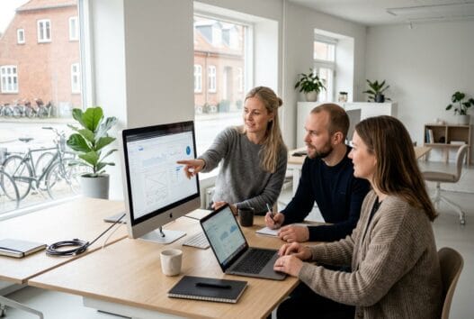 Dansk webbureau i Magleby med team foran computere og digitale dashboards