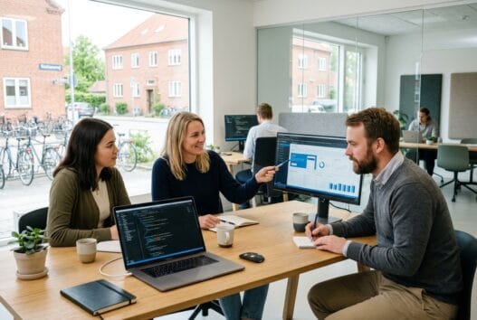 Moderne webbureau i Malling med dansk team ved computer og digitale designskærme