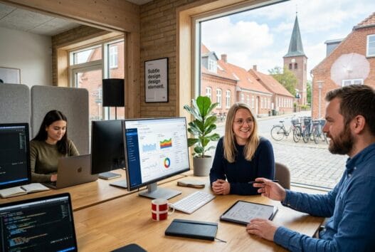 Dansk webbureau i mammen med team ved computere og digitale dashboards i et lyst kontor