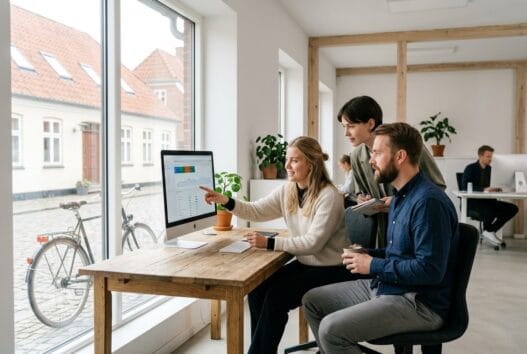 Moderne webbureau i Mariager med dansk team foran computer og digitale dashboards