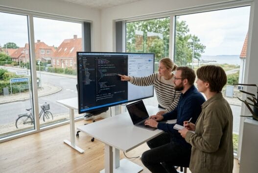 Moderne webbureau i Marielyst med skandinavisk team ved computer og digitale dashboards