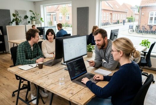 Skandinavisk team arbejder med webdesign og digitale dashboards i markeslev