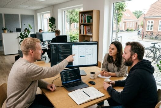 Dansk webteam arbejder med dashboards og kode i moderne kontor i Marslev