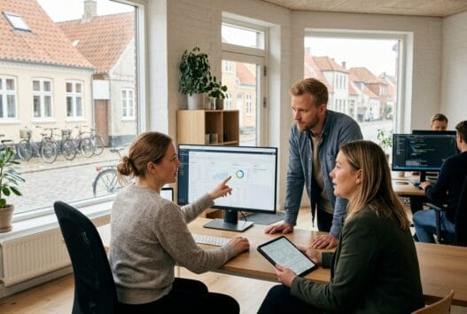 Moderne kontor med dansk webbureau i Marstal, hvor et team arbejder med digital strategi og design