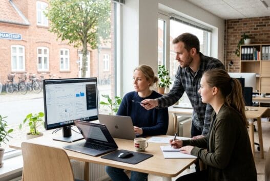 Skandinavisk team arbejder med webdesign og SEO på kontor i Marstrup