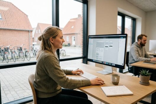 Moderne dansk webbureau i Maugstrup med team, der arbejder ved computere i et lyst kontormiljø
