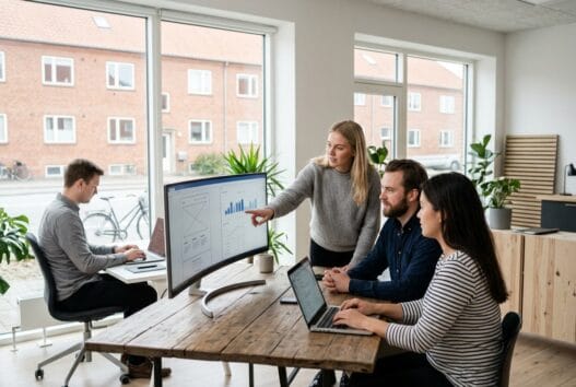 Moderne webbureau i Mejlby (8530) med dansk team ved computer i lyst kontor