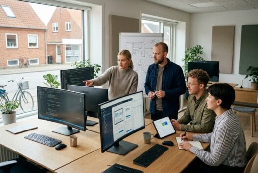 Skandinavisk webbureau i Mejlby (8981) med team, der arbejder ved computer i moderne kontormiljø