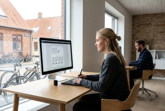 Skandinavisk team arbejder med webdesign og SEO på kontor i Melby