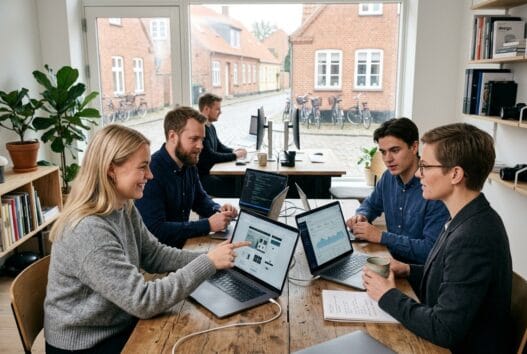 Moderne webbureau i Mellerup med team ved computer og digitale dashboards