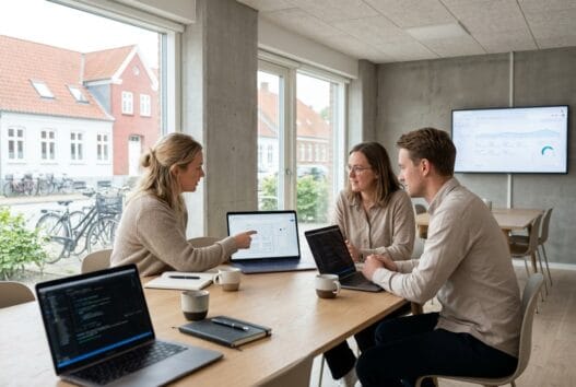 Dansk webbureau i Meløse med team foran skærme, der arbejder med digital strategi og webudvikling