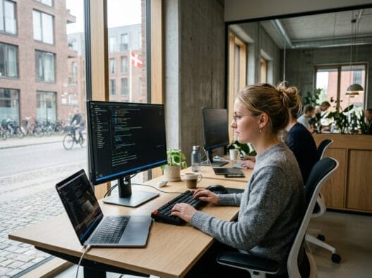 Dansk webbureau i mern med team ved computer og dashboards i et lyst, moderne kontormiljø