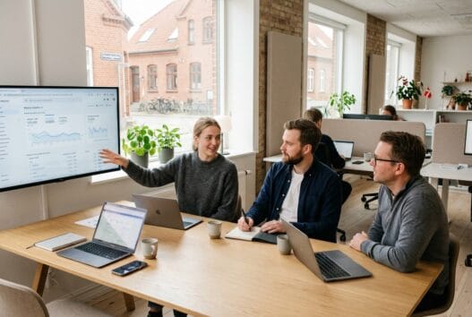 Webbureau i Mesinge med dansk team ved computere, der arbejder med webdesign, SEO og digitale dashboards