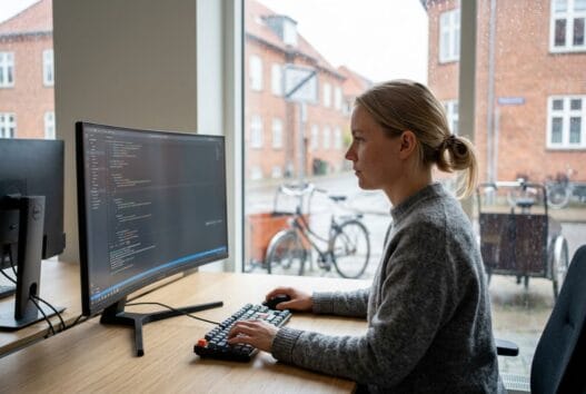 Moderne webbureau i millinge med dansk team, der arbejder ved computere i lyst kontormiljø