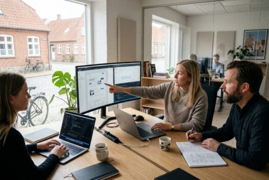 Skandinavisk webbureau i møgeltønder med team ved computere og digitale dashboards