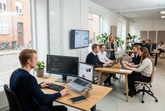 Moderne dansk webbureau i Mølby med team foran skærme og digitale dashboards