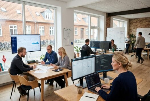 Moderne webbureau i mønsted med dansk team foran computer og dashboards