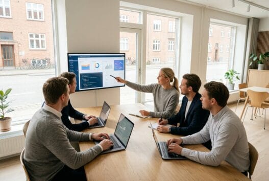 Skandinavisk webbureau i Møre med team ved computer og digitale dashboards i moderne kontor