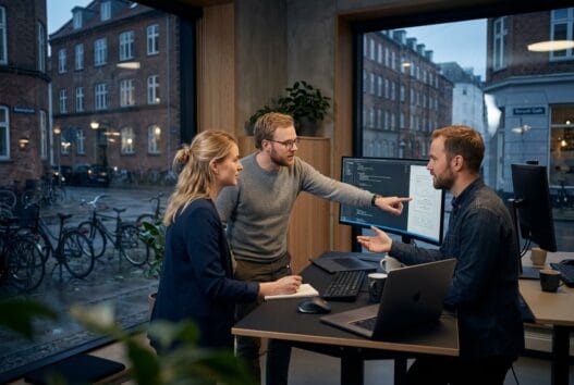 Dansk team arbejder med webdesign og digitale strategier i et moderne kontor i mørke