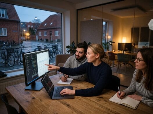 Skandinavisk team arbejder med webdesign og SEO i et moderne kontor i mørke
