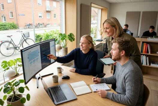 Dansk webbureau i Mogenstrup (7800) med team foran skærme i moderne kontormiljø