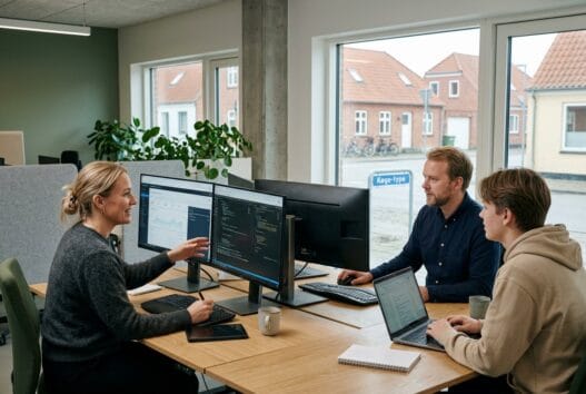 Moderne webbureau i mørkøv med dansk team, der arbejder med design, kode og digitale dashboards