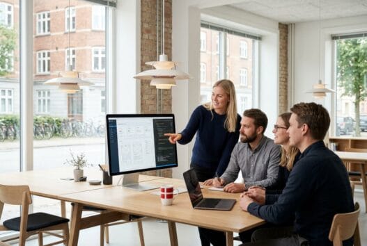 Moderne webbureau i mosbjerg med dansk team ved computerskærme og digitale dashboards
