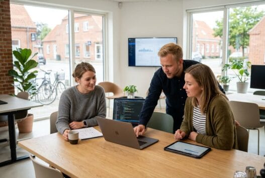 Dansk webbureau i mou med team ved computer og dashboards i et lyst, moderne kontor