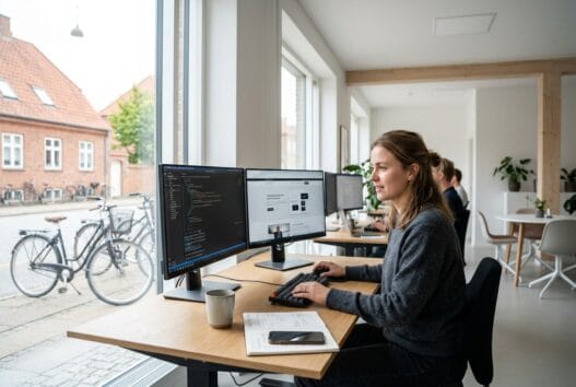 Webbureau i Muleby med skandinavisk team, der arbejder ved computere i et lyst moderne kontor