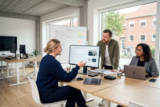Moderne webbureau i Mundelstrup med danske medarbejdere ved computer og digitale dashboards