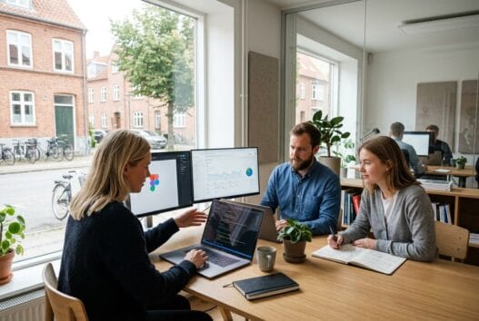 Skandinavisk webbureau i Munke Bjergbys kontor med team ved computer og digitale dashboards