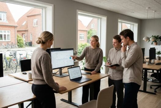 Moderne kontor med dansk webbureau i Munkebo, hvor et team arbejder med design, udvikling og SEO