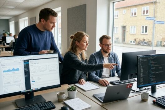 Dansk webbureau i Munkerup med team ved computer og digitale dashboards i moderne kontor