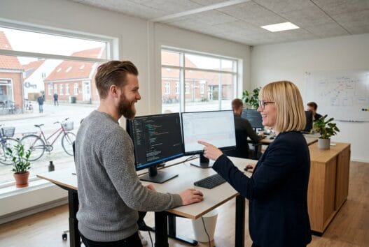 Moderne webbureau i Næsbjerg med dansk team ved computer og digitale dashboards