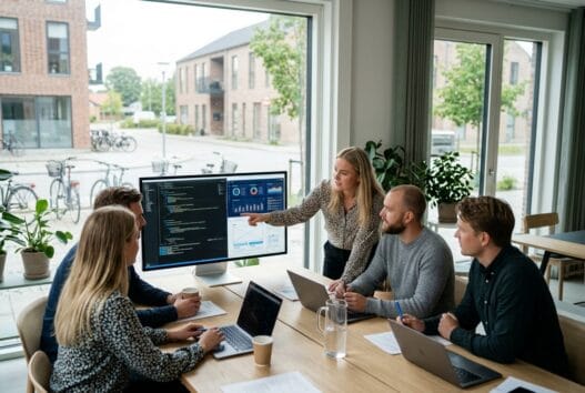 Skandinavisk webbureau i næsbyhoved-broby med team ved computere og digitale dashboards