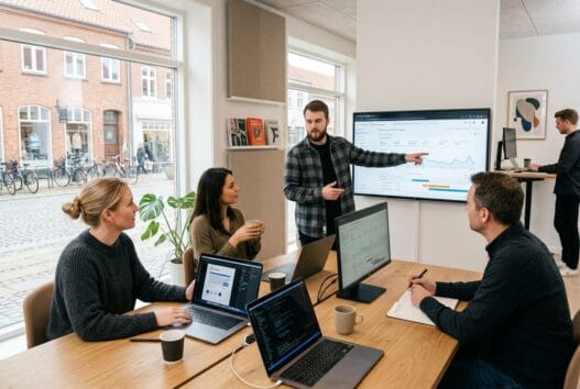 Moderne webbureau i Næstved med team ved computere og digitale dashboards