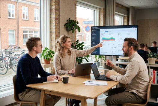 Skandinavisk webbureau i Nakskov med team ved computere og digitale dashboards i moderne kontor